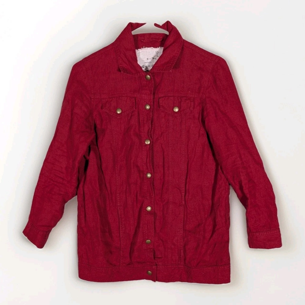 Not Perfect Linen Jacket Women's Size XS Relaxed Fit Red Pockets Snap Capsule
